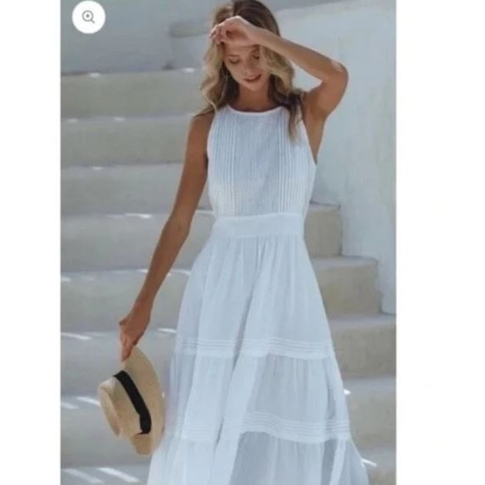 Pampelone Perle Womens‎ XS Maxi Sundress White Cotton Sleeveless Beach Mid Calf